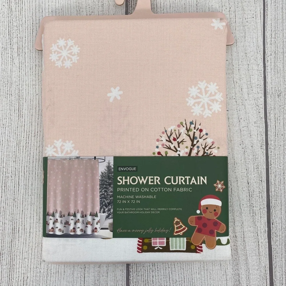 EnVogue Shower Curtain Pink Gingerbread Village Snowflake Holiday Christmas